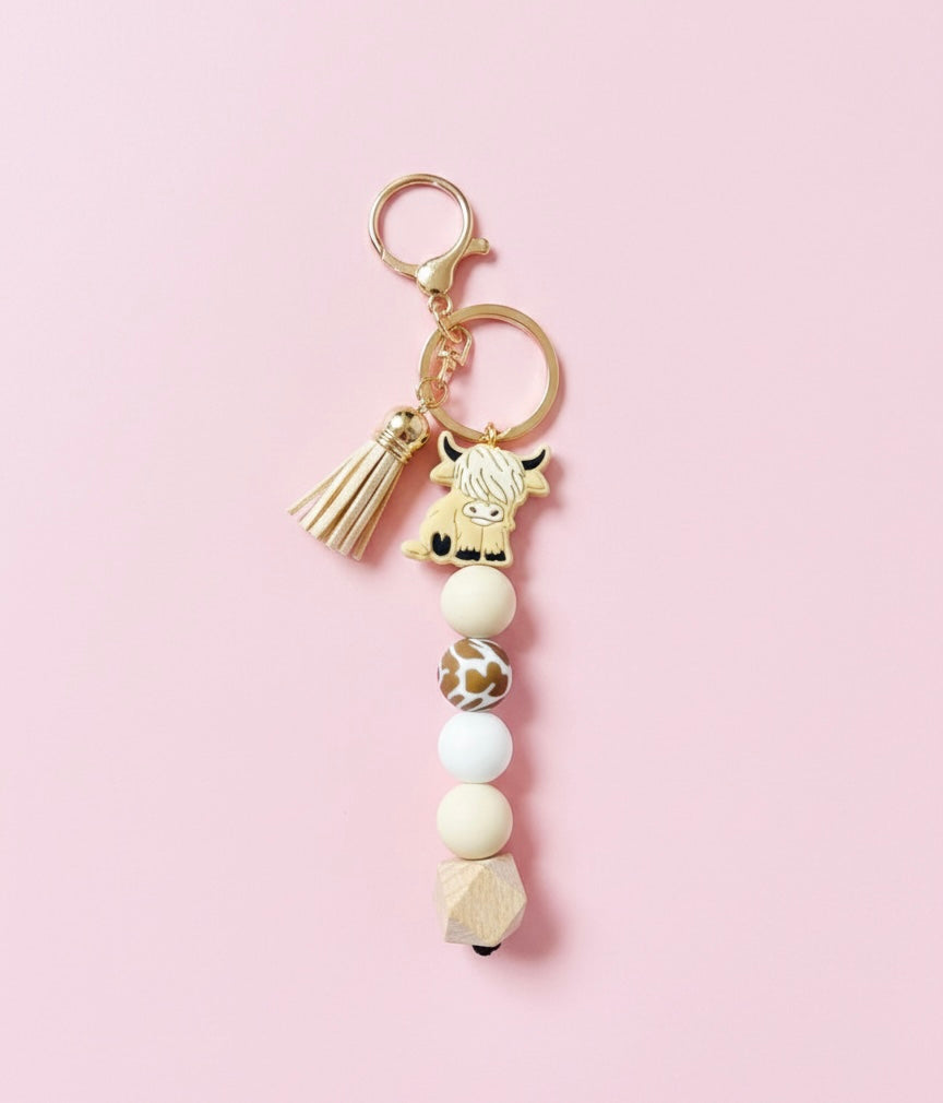 Cute Cow Beige with Beads Keychain